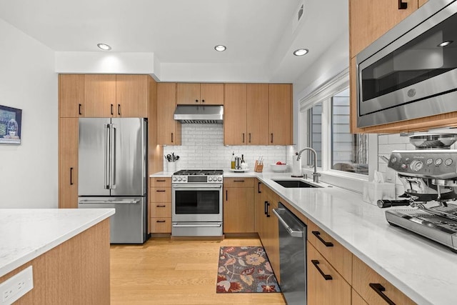 4408 E 23rd Ln, Spokane, WA 99223 - kitchen featuring appliances with stainless steel finishes, under cabinet range hood, light wood-style flooring, decorative backsplash, and light stone counters