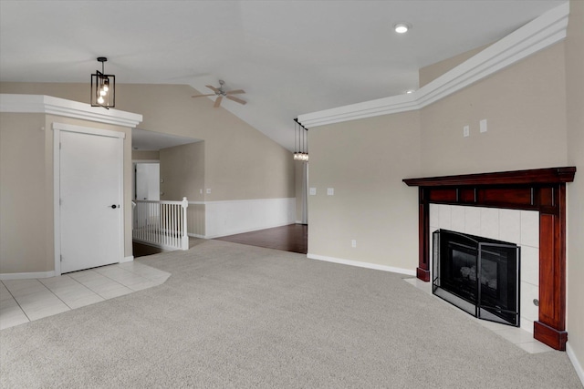 2019 S Saint Charles Rd, Veradale, WA 99037 - unfurnished living room featuring ceiling fan, carpet floors, lofted ceiling, a fireplace, and recessed lighting