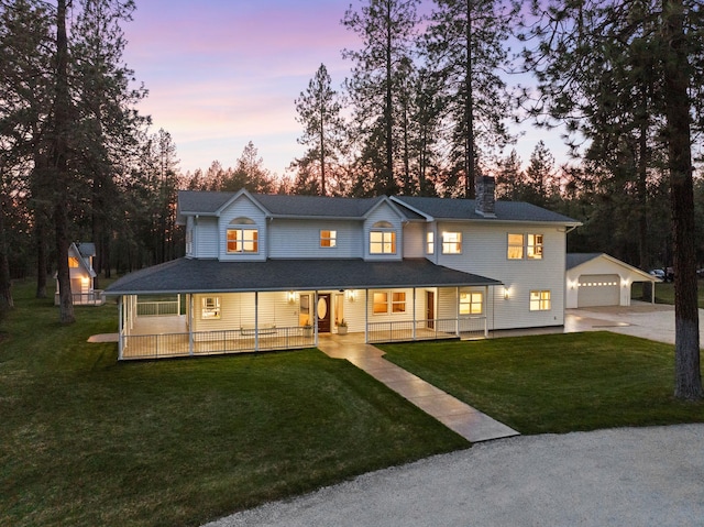 4045 Maple St, Loon Lake, WA 99148 - country-style home with covered porch, an outbuilding, a chimney, and a yard