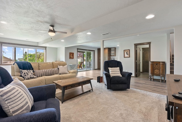 8814 E Clearview Ln, Spokane, WA 99217 - living area with a textured ceiling, recessed lighting, light wood-style flooring, and ceiling fan