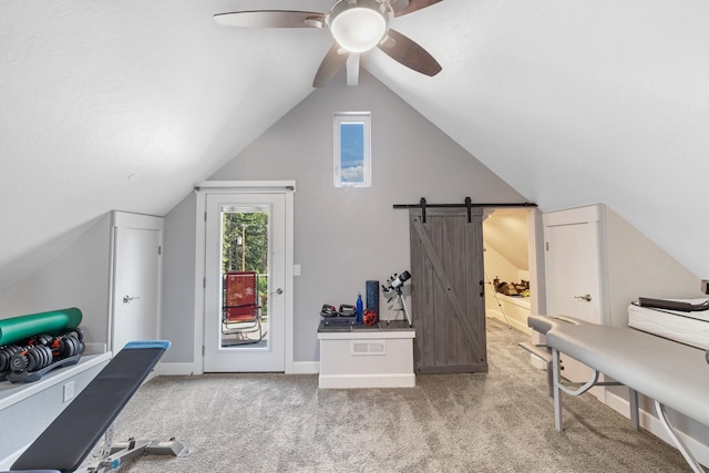 4171 S Westway Dr, Coeur D Alene, ID 83814 - carpeted home office featuring a ceiling fan, a barn door, and lofted ceiling