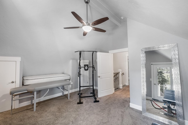 4171 S Westway Dr, Coeur D Alene, ID 83814 - office area featuring ceiling fan, beam ceiling, carpet, and high vaulted ceiling