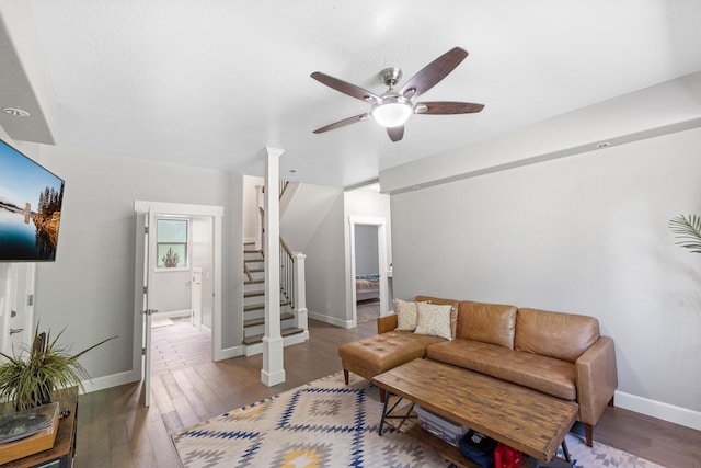 4171 S Westway Dr, Coeur D Alene, ID 83814 - living room featuring stairs, ceiling fan, and hardwood / wood-style flooring