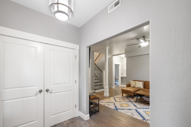 4171 S Westway Dr, Coeur D Alene, ID 83814 - entrance foyer featuring stairway, wood finished floors, and ceiling fan