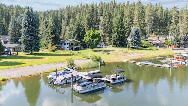 4171 S Westway Dr, Coeur D Alene, ID 83814 - dock featuring a water view, a yard, and a wooded view