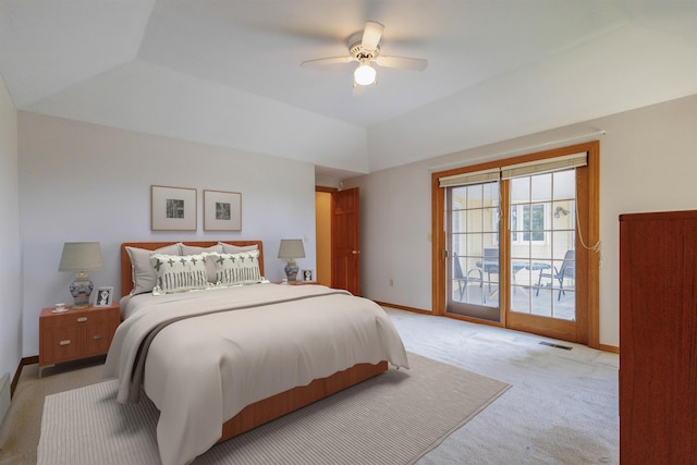 10207 N Comanche Dr, Spokane, WA 99208 - bedroom featuring access to exterior, light carpet, lofted ceiling, and ceiling fan