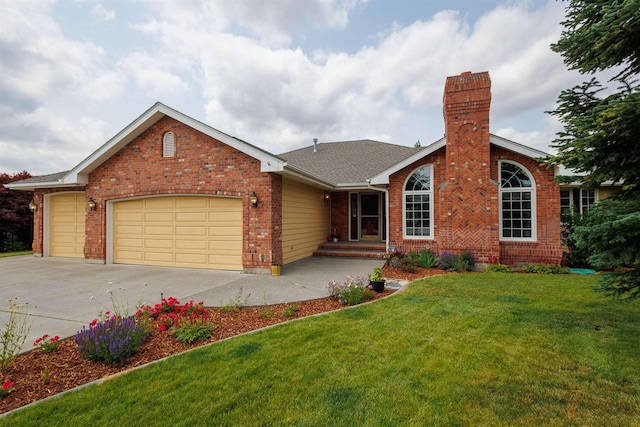 10207 N Comanche Dr, Spokane, WA 99208 - single story home with a garage, driveway, a front lawn, a chimney, and brick siding