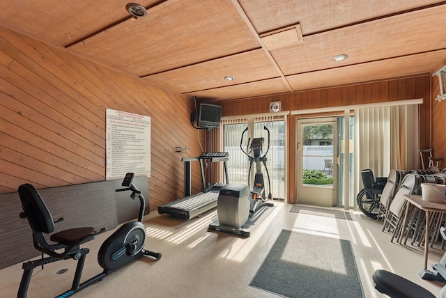 7878 N Wilding Dr # 32, Spokane, WA 99208 - workout room featuring wood walls, wood ceiling, carpet floors, and recessed lighting