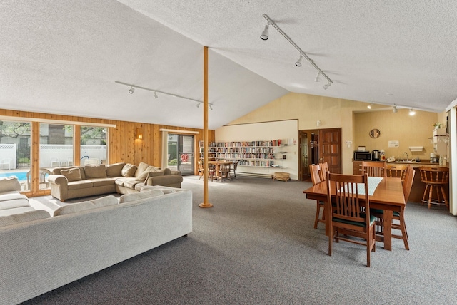 7878 N Wilding Dr # 32, Spokane, WA 99208 - carpeted dining space with track lighting, a textured ceiling, and vaulted ceiling