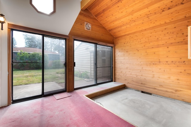 4112 S Hogan St, Spokane, WA 99203 - spare room featuring wood walls, lofted ceiling, carpet flooring, and wooden ceiling