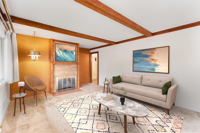 4112 S Hogan St, Spokane, WA 99203 - living area featuring beam ceiling, carpet floors, and a fireplace