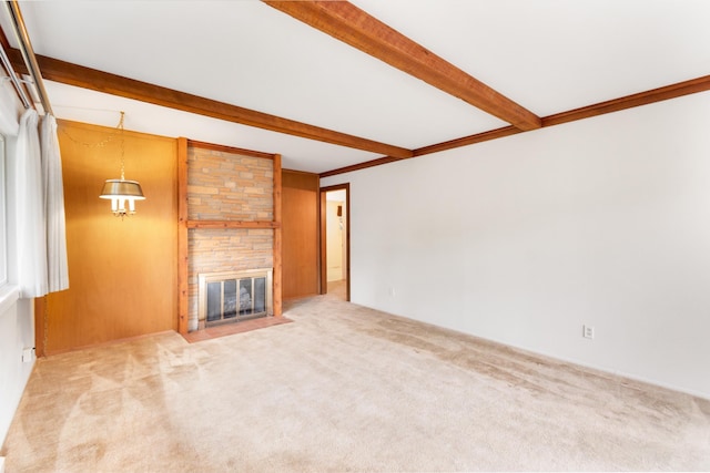4112 S Hogan St, Spokane, WA 99203 - unfurnished living room featuring beam ceiling, carpet, and a fireplace