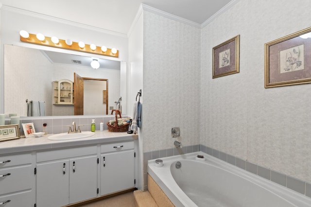 13614 N Minihdoka Trl, Spokane, WA 99208 - bathroom with vanity, ornamental molding, a garden tub, and wallpapered walls