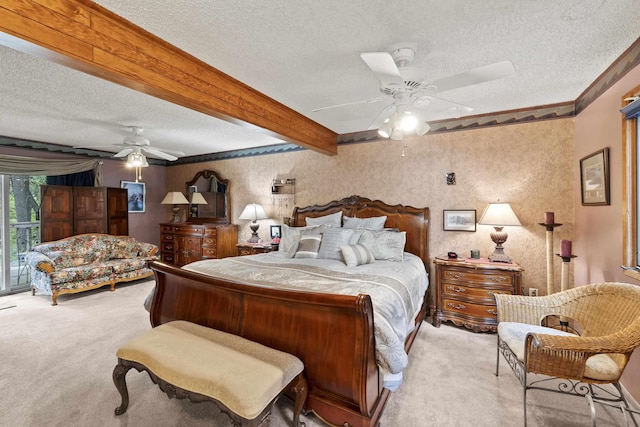 13614 N Minihdoka Trl, Spokane, WA 99208 - bedroom featuring light colored carpet, a textured ceiling, a ceiling fan, and beamed ceiling