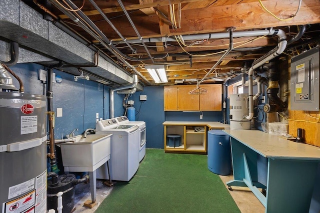 1812 S Pines Rd, Spokane Valley, WA 99206 - unfinished below grade area featuring washer and clothes dryer, strapped water heater, water heater, and electric panel