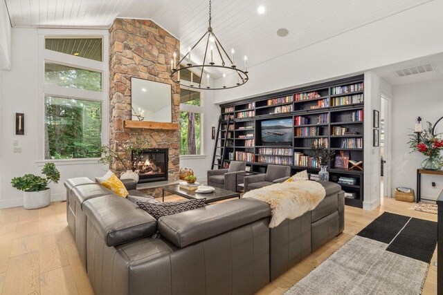 3742 W Cielo View Ct, Coeur D Alene, ID 83814 - living area featuring light wood-style floors, a fireplace, a chandelier, wood ceiling, and high vaulted ceiling