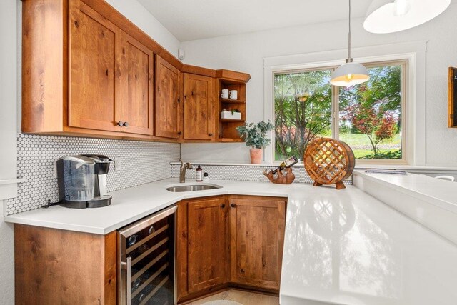 3742 W Cielo View Ct, Coeur D Alene, ID 83814 - kitchen featuring wine cooler, open shelves, brown cabinets, and decorative backsplash