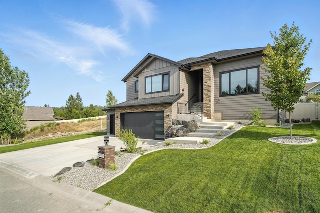 11208 E Rimrock Ln, Spokane Valley, WA 99206 - view of front of home with stone siding, an attached garage, concrete driveway, board and batten siding, and a front lawn