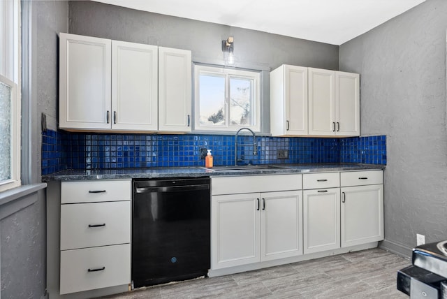 107 E 29th Ave, Spokane, WA 99203 - kitchen featuring black dishwasher, tasteful backsplash, light wood-style flooring, dark countertops, and a textured wall