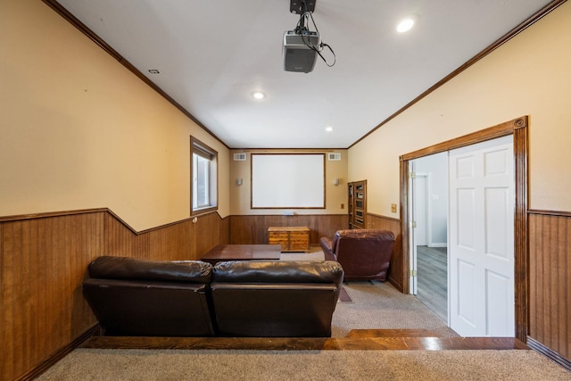 4311 W Center Ln, Spokane, WA 99208 - carpeted cinema room featuring a wainscoted wall, ornamental molding, wooden walls, and recessed lighting