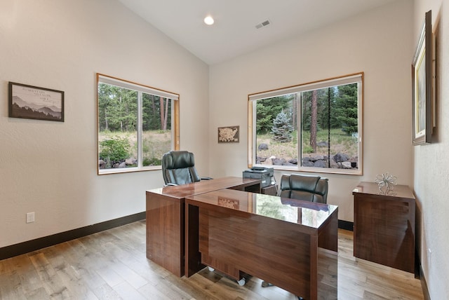 25204 N Lords Ln, Chattaroy, WA 99003 - office space with light wood-style floors, vaulted ceiling, and recessed lighting