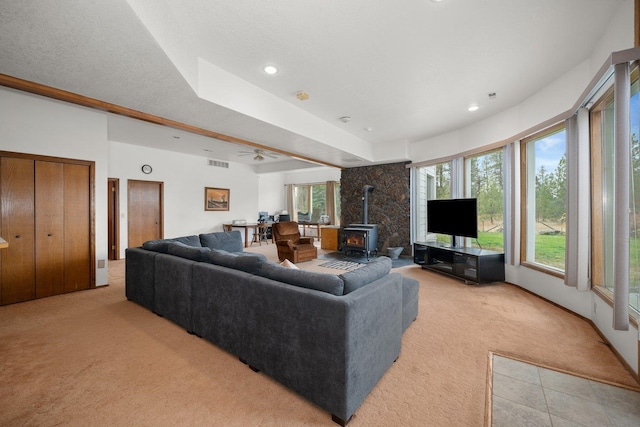 21407 W Baker Rd, Cheney, WA 99004 - living area with a wood stove, light carpet, healthy amount of natural light, recessed lighting, and a ceiling fan
