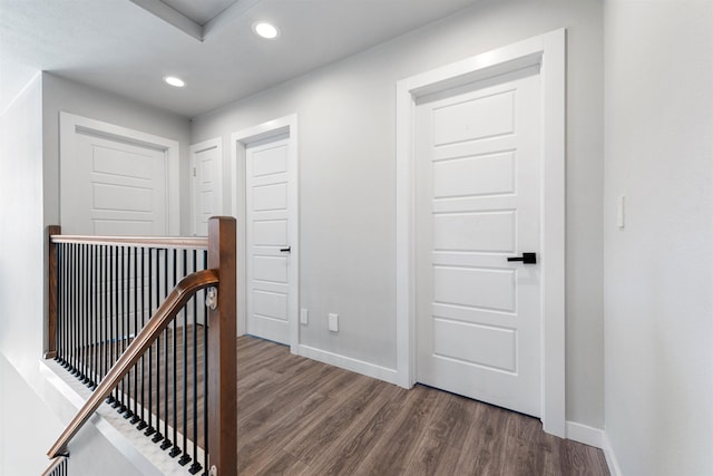 11625 N Alberta Ln, Spokane, WA 99218 - hallway with an upstairs landing, wood finished floors, and recessed lighting
