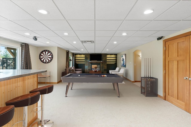 711 W Bolan Ave, Spokane, WA 99224 - recreation room featuring light colored carpet, billiards, recessed lighting, a fireplace, and a paneled ceiling