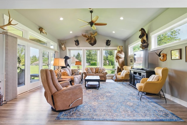 5159 W Village Blvd, Rathdrum, ID 83858 - living room with wood finished floors, a ceiling fan, vaulted ceiling, and recessed lighting