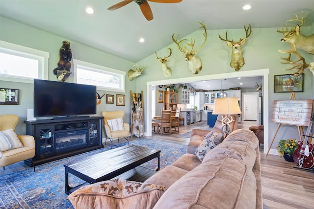5159 W Village Blvd, Rathdrum, ID 83858 - living area with ceiling fan, wood finished floors, vaulted ceiling, and recessed lighting