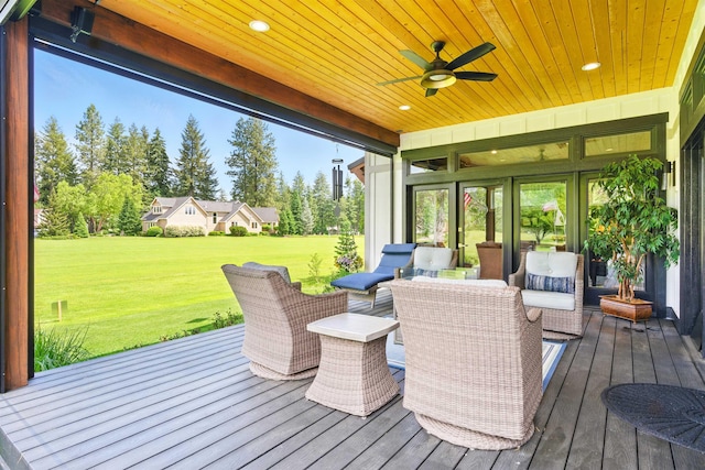 5159 W Village Blvd, Rathdrum, ID 83858 - wooden deck featuring a lawn, a ceiling fan, and an outdoor hangout area