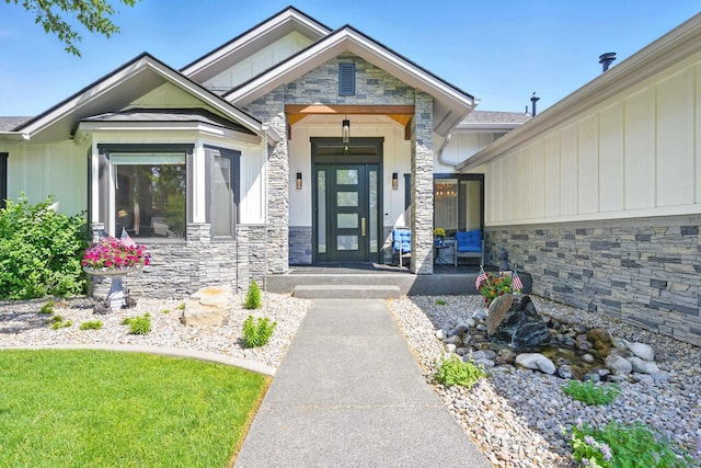 5159 W Village Blvd, Rathdrum, ID 83858 - entrance to property featuring stone siding and board and batten siding