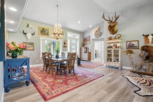 5159 W Village Blvd, Rathdrum, ID 83858 - dining area featuring a chandelier, light wood-style flooring, recessed lighting, and lofted ceiling