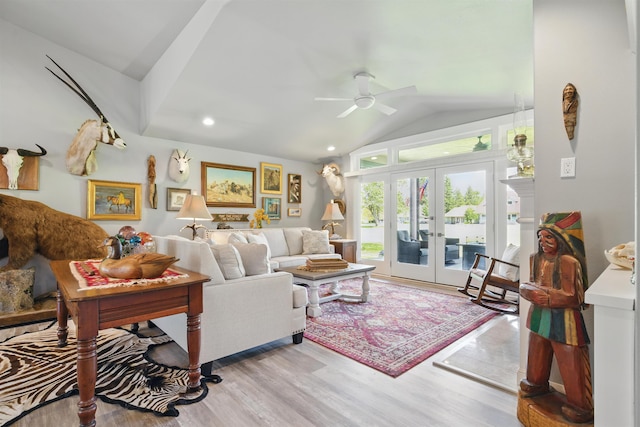 5159 W Village Blvd, Rathdrum, ID 83858 - living area with a ceiling fan, wood finished floors, vaulted ceiling, french doors, and recessed lighting