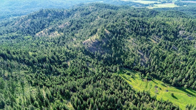 aerial view of property and surrounding area featuring a forest