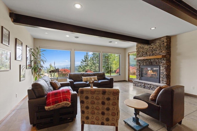 2503 S Thierman Ln, Spokane, WA 99223 - living room featuring beamed ceiling, a stone fireplace, and recessed lighting
