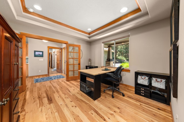 9510 N Doak Rd, Spokane, WA 99217 - office with french doors, a tray ceiling, light wood-type flooring, recessed lighting, and ornamental molding