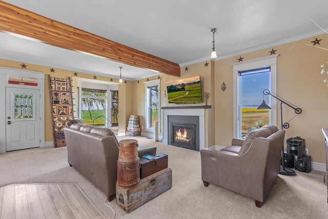 28752 Tramm Rd, Reardan, WA 99029 - living room featuring a fireplace, carpet flooring, crown molding, and beamed ceiling