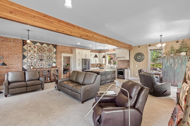 28752 Tramm Rd, Reardan, WA 99029 - living room with brick wall, light carpet, a chandelier, crown molding, and recessed lighting