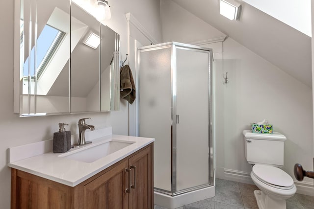 28752 Tramm Rd, Reardan, WA 99029 - bathroom featuring vanity, vaulted ceiling, a stall shower, and tile patterned floors