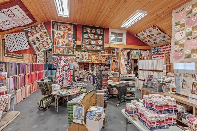28752 Tramm Rd, Reardan, WA 99029 - miscellaneous room featuring lofted ceiling, carpet floors, wood ceiling, and wood walls