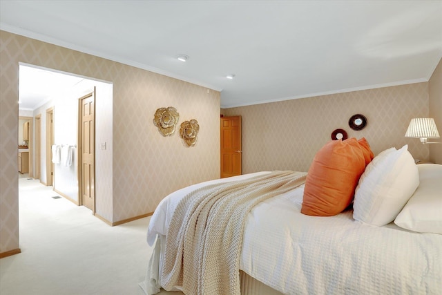 4402 S Saint Andrews Ln, Spokane, WA 99223 - bedroom featuring ornamental molding, wallpapered walls, and light carpet