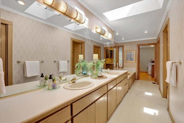 4402 S Saint Andrews Ln, Spokane, WA 99223 - full bathroom with a skylight, ornamental molding, wallpapered walls, double vanity, and recessed lighting