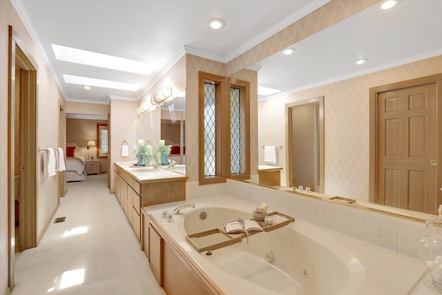 4402 S Saint Andrews Ln, Spokane, WA 99223 - ensuite bathroom featuring wallpapered walls, a tub with jets, a skylight, vanity, and crown molding