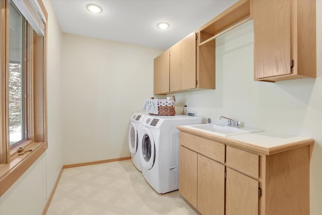 4402 S Saint Andrews Ln, Spokane, WA 99223 - laundry area featuring light floors, cabinet space, washer and clothes dryer, and recessed lighting