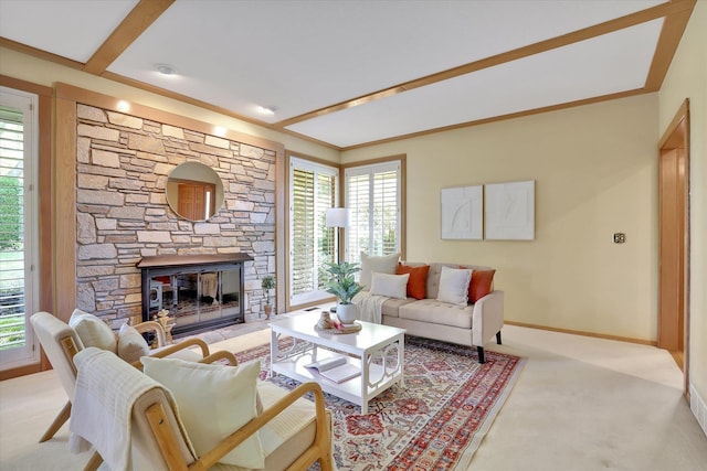 4402 S Saint Andrews Ln, Spokane, WA 99223 - living room featuring a fireplace, plenty of natural light, and light carpet