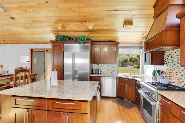 10612 E 46th Ave, Spokane Valley, WA 99206 - kitchen with premium appliances, wood ceiling, custom range hood, a kitchen island, and light wood finished floors