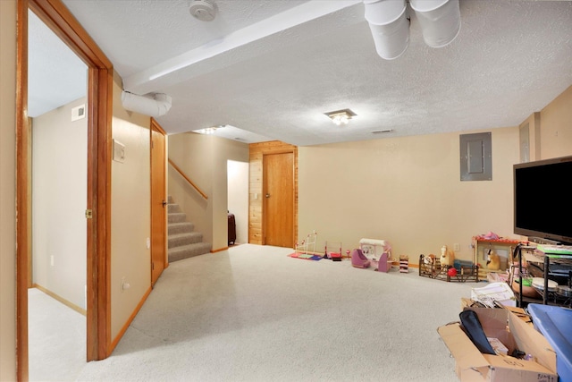 10612 E 46th Ave, Spokane Valley, WA 99206 - finished basement featuring electric panel, carpet, stairway, and a textured ceiling