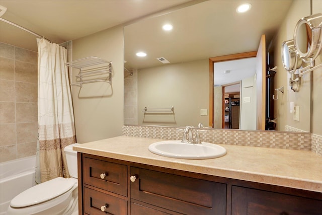 10612 E 46th Ave, Spokane Valley, WA 99206 - full bathroom with vanity, shower / bath combination with curtain, recessed lighting, and backsplash