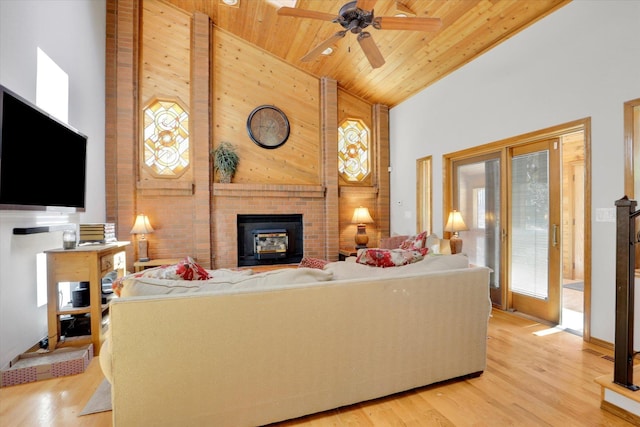 10612 E 46th Ave, Spokane Valley, WA 99206 - living room with high vaulted ceiling, wooden ceiling, ceiling fan, a fireplace, and light wood-style flooring